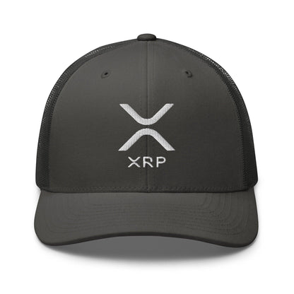 Gray trucker hat featuring XRP Ripple embroidered mesh logo for stylish comfort