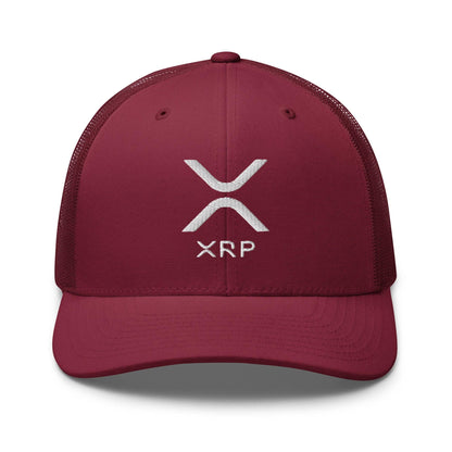 Maroon XRP Ripple Embroidered Mesh Trucker Hat featuring Ripple Logo and breathable design
