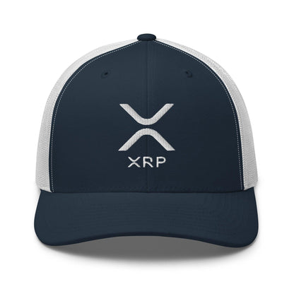 Navy and white XRP Ripple Embroidered Mesh Trucker Hat with ripple embroidered mesh design
