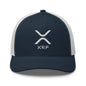Navy and white XRP Ripple Embroidered Mesh Trucker Hat with ripple embroidered mesh design