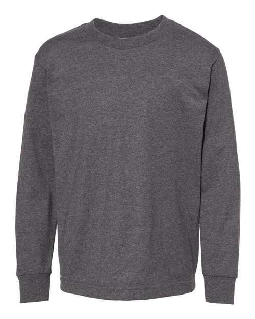 Gray long-sleeved Youth Classic T-Shirt made from breathable cotton polyester blend for custom apparel