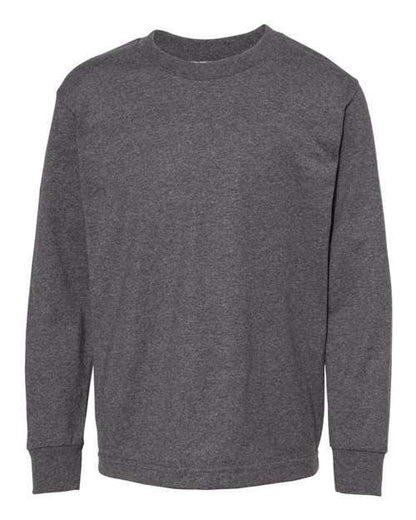 Gray long-sleeved shirt in Youth Classic Long Sleeve T-Shirt made from cotton polyester blend for custom apparel