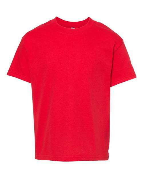 Red short-sleeved youth heavyweight T-shirt made from cotton polyester blend for custom apparel