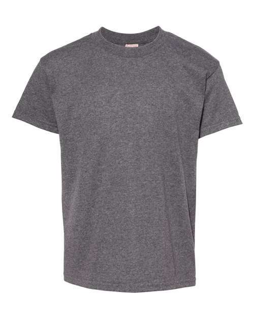 Gray short-sleeved Youth Heavyweight T-Shirt made from cotton polyester blend for custom apparel